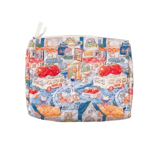 Quilted cotton makeup bag with colorful cartoon illustrations and zip handle