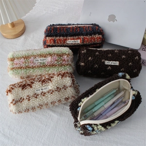Plush printed pencil cases in diverse patterns with large capacity and circular zipper