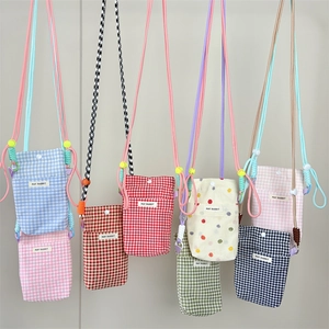 Cute Korean plaid cell phone crossbody bag with embroidery and adjustable strap