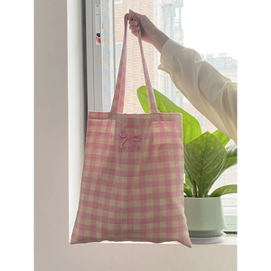 Pink plaid canvas tote bag with 3D bow decoration for daily student commute