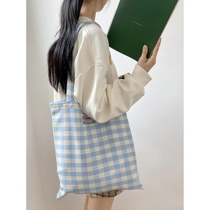 Blue and white plaid canvas tote bag with Hopeless Romantic embroidery for daily use