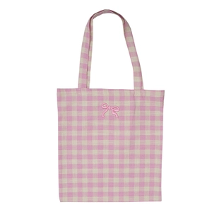 Pink and white checkered canvas tote bag with elegant pink bow embroidery and shoulder straps