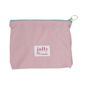 Pink macaron makeup bag with colorful zipper and jolly patch for small items