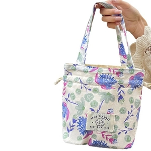Floral drawstring canvas handbag with purple flower pattern and rabbit patch design