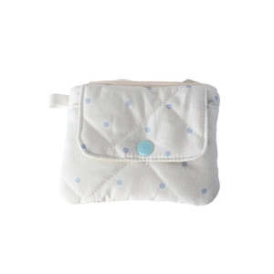 Quilted blue polka dot fabric card holder with front flap pocket and zipper