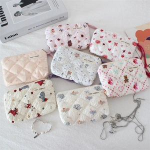 Quilted Cotton Coin Purse Cute Cartoon Animal Pattern Zipper Makeup Storage Pouch With Braided Handle Women Girls