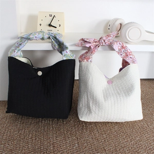Japanese style vertical stripe tote bag with floral bow handle in black and white colors