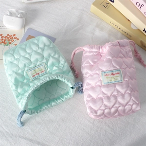Quilted heart drawstring camera bag in mint green and pink soft satin fabric