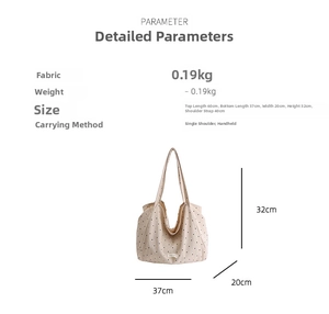 Detailed size specifications and lightweight fabric material info for the polka dot tote bag
