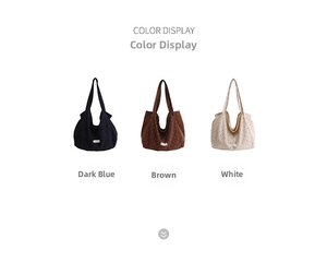 Polka dot canvas tote bag color options: dark blue, brown, and off-white display