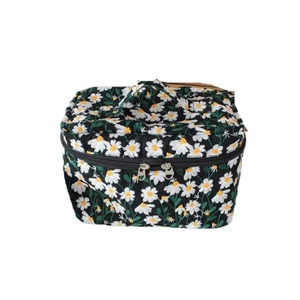 Portable large capacity makeup bag with white daisy embroidery and dual zippers