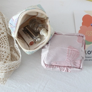 Cute square fabric pouch with butterfly embroidery for sanitary pads and makeup storage