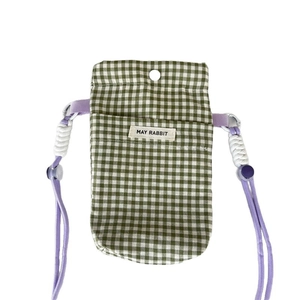 Checkered green canvas crossbody phone bag with purple strap and MAY RABBIT tag