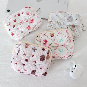 Quilted cotton coin purses with cartoon prints, featuring flip pockets and metal hooks