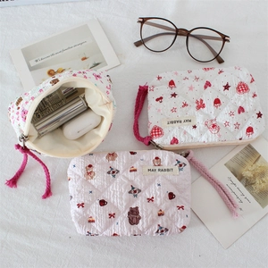 Quilted cotton makeup bag with cute bear strawberry print and zipper closure