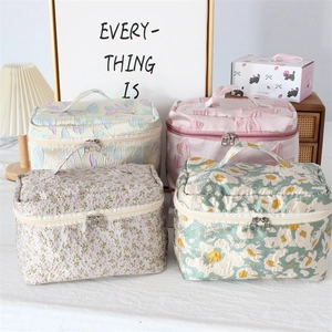 Detail showing four styles of floral jacquard toiletry bags with top handles and zippers