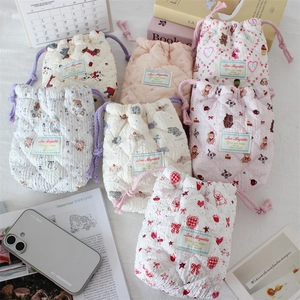 Cartoon Quilted Drawstring Storage Bag Polyester Dustproof Travel Camera Makeup Organizer Pouch Cute Soft