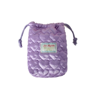 Purple quilted heart drawstring camera pouch with soft satin finish and spacious design