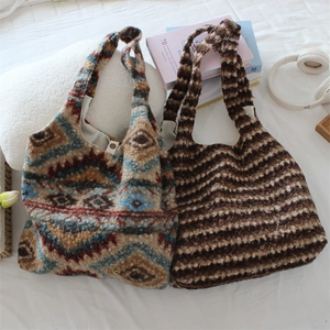 Ethnic plush tote bags with geometric and striped patterns for winter fashion
