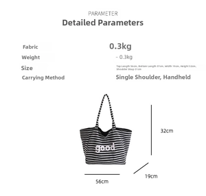 Detailed dimension guide of striped canvas tote bag with 3D letter decor and shoulder strap