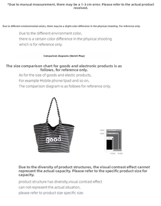 Size comparison of the striped tote bag next to a 9.7 inch iPad for scale reference