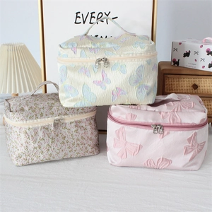 Three-piece embossed jacquard cosmetic bag set with butterfly patterns and metal zippers