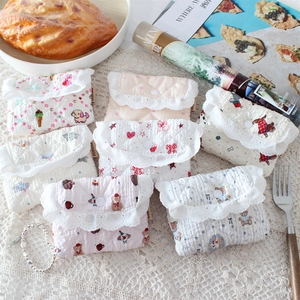 Quilted Cotton Coin Purse Cartoon Print Lace Trim Small Storage Pouch For Earphones And Small Items Sweet Style