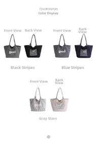 Front and back detail of striped canvas tote bag with good letter patch and large capacity