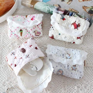 Quilted floral and cartoon pattern mini storage pouches with lace trim and snap closure
