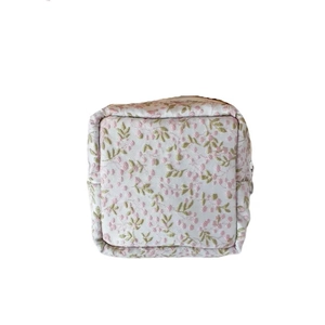 Cute floral sanitary pad storage bag with pink flower embroidery and zipper closure