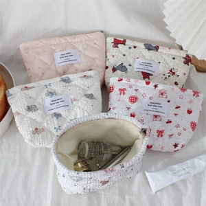 Quilted cotton cosmetic bags with cartoon prints showing large capacity and zipper closure