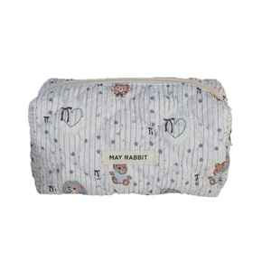 Quilted blue striped cosmetic bag with cute bear prints and a woven label