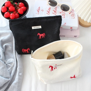 Satin jacquard makeup bags with horse embroidery and high capacity in black and beige