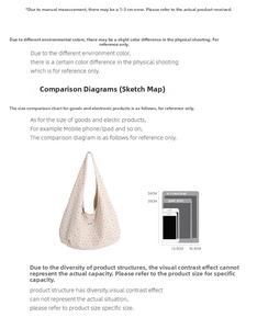 Detailed size chart for polka dot tote showing height and width versus iPad mini