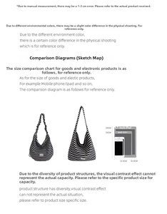 Size comparison chart showing dimensions for large and small striped tote bags