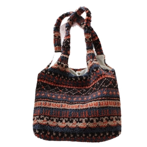 Ethnic pattern plush tote bag with geometric embroidery and large capacity for women