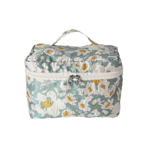 Floral embossed jacquard cosmetic bag with top handle and double zipper for travel