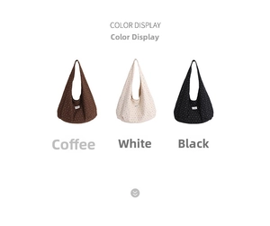 Detailed color display of large polka dot canvas tote bags in brown, white and black