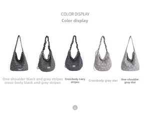 Variety of striped and star pattern canvas crossbody bags shown in different colors