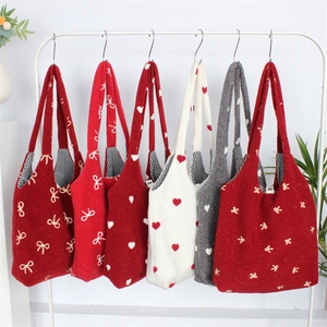 Plush Tote Bag Embroidered Bow Heart Flower Large Capacity Casual Versatile Daily Shoulder Handbag For Women