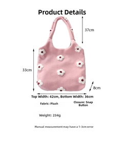 Detailed dimensions of pink plush tote bag with white flower patterns and snap button