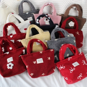 Sac À Main En Peluche Pour Femme Sac Cabas En Polaire Broderie Cœur Nœud Fermeture Éclair Mignon Style Coréen Portable Quotidien