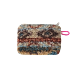 Bohemian style plush makeup bag with colorful knit texture and pink wristlet strap