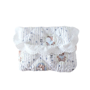 Light blue striped quilted mini coin purse with cartoon bear print and lace trim