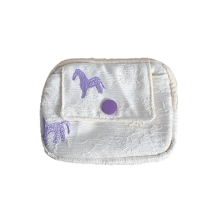Minimalist red lucky pony flap card wallet with quilted fabric and purple horse embroidery