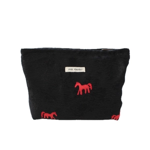 Black satin jacquard cosmetic bag with red pony embroidery and large storage capacity