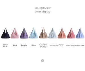 Multiple color options for canvas tote bags including solid tones and classic plaid patterns