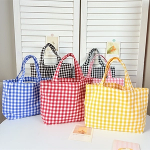 Gingham Handbags Cotton Canvas Portable Tote Lunch Bag Japanese Style Simple Fashionable For Women And Students