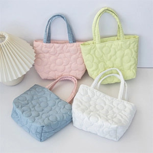 Quilted Flower Handbag Polyester Contrast Handle Sweet Korean Style Lunch Storage Bag For Women Stroller Hanging Pouch