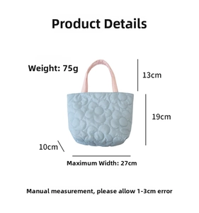 Detailed dimensions of blue quilted floral bag showing height, width and 75g weight